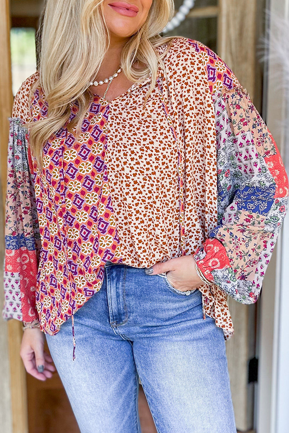 Orange Mixed Floral Printed Long Sleeve Tied V Neck Blouse