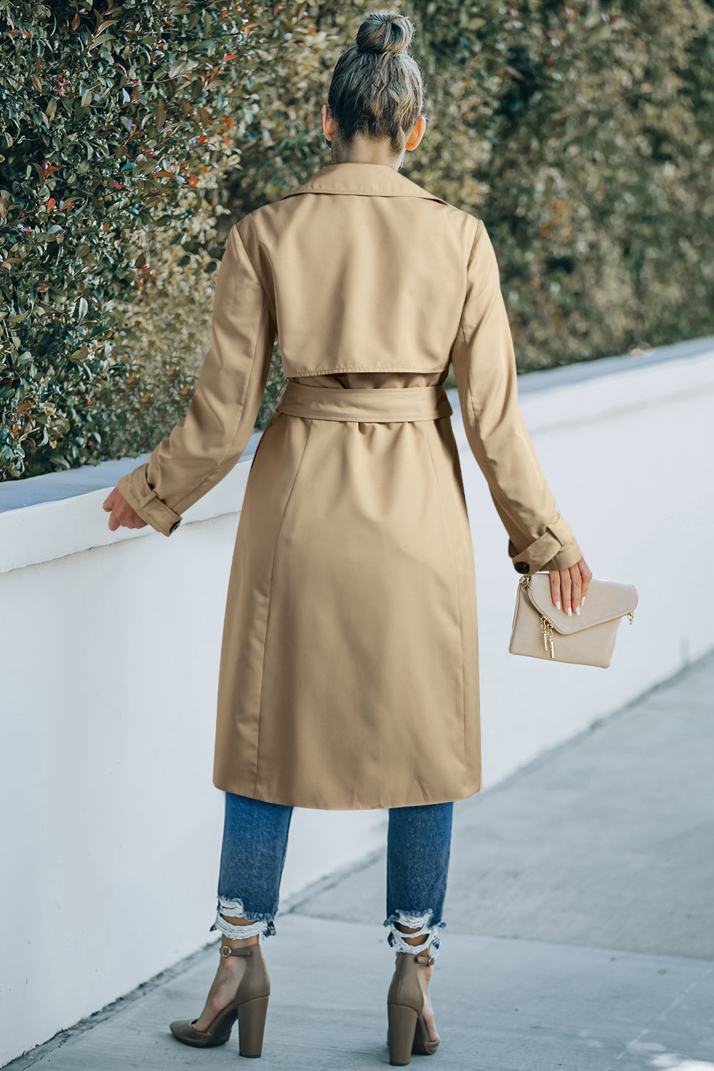 Pale Khaki Solid Colour Lapel Collar Waist Tie Wind Coat