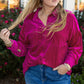 Bright Pink Plus Size Velvet Chest Pocket Drop Shoulder Shirt