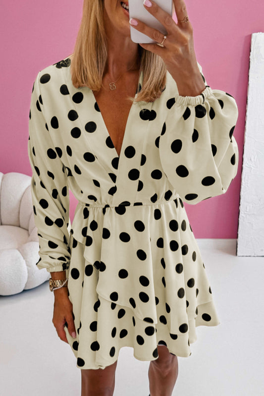 Beige Polka Dot Printed Surplice V Neck Puff Sleeve Mini Dress