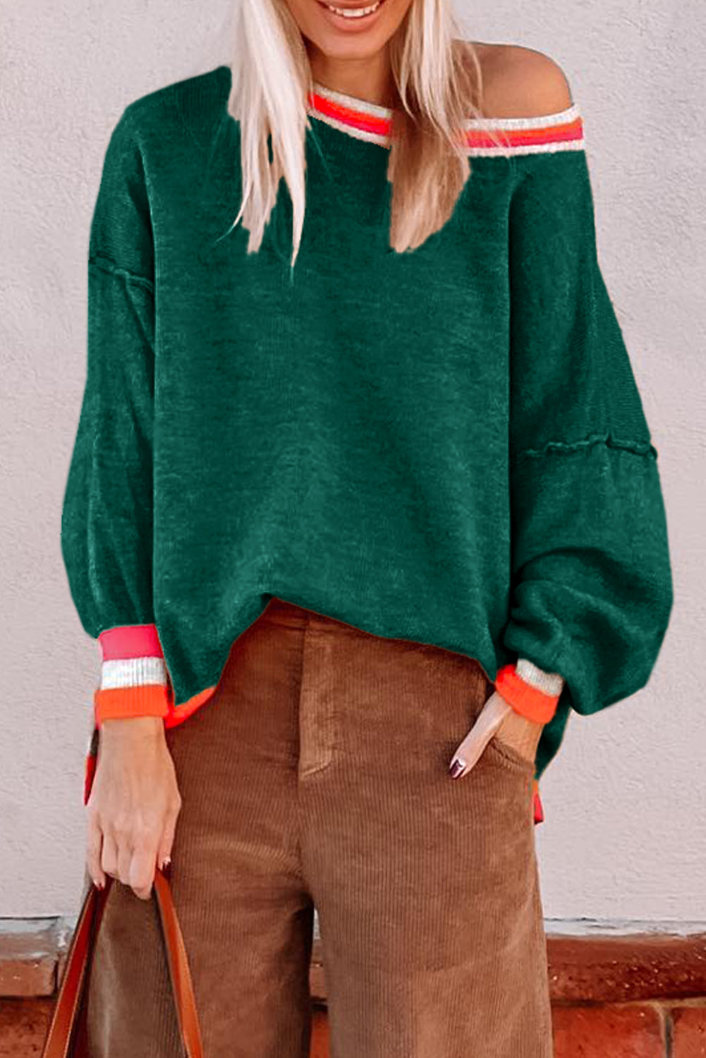 Blackish Green Colourblock Striped Trim Drop Shoulder Sweater