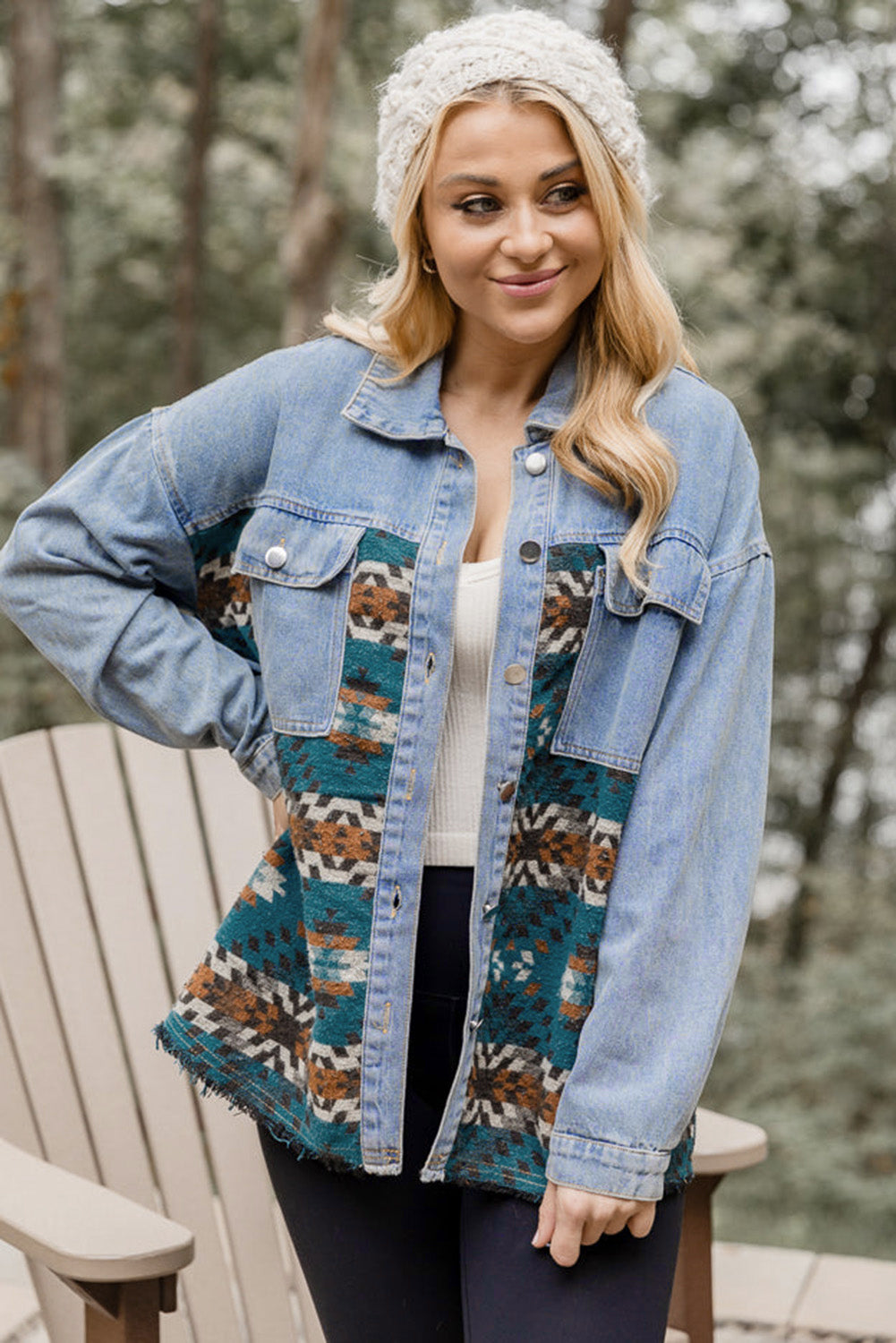 Blue Aztec Printed Denim Jacket