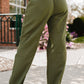 Green Drawstring Elastic Waist Pockets Long Straight Legs Pants