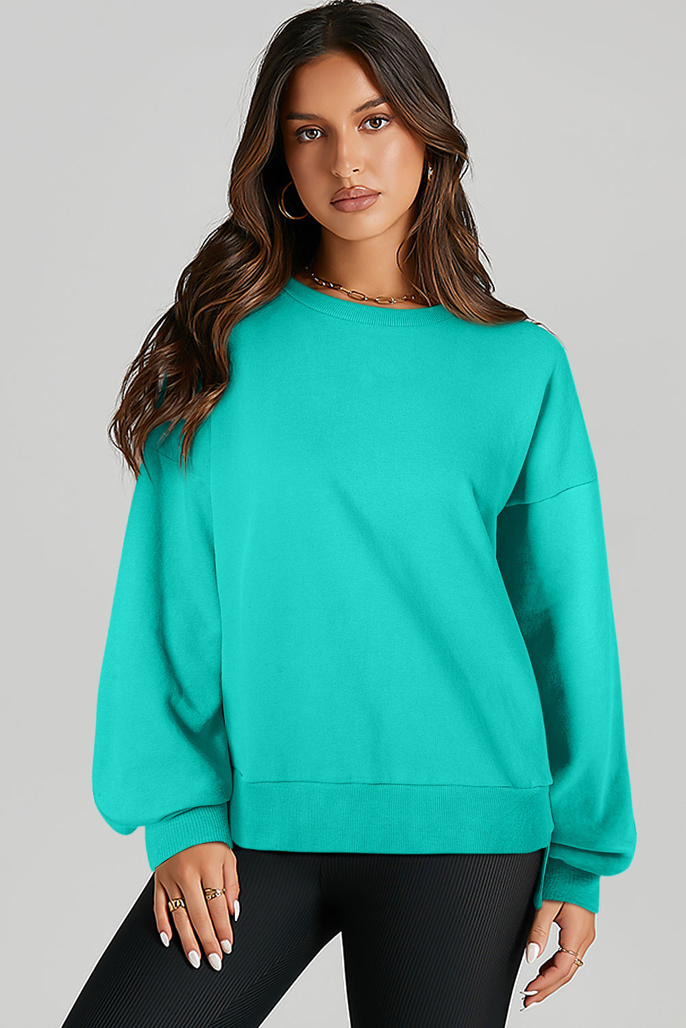 Black Solid O Neck High Low Hem Pullover Sweatshirt