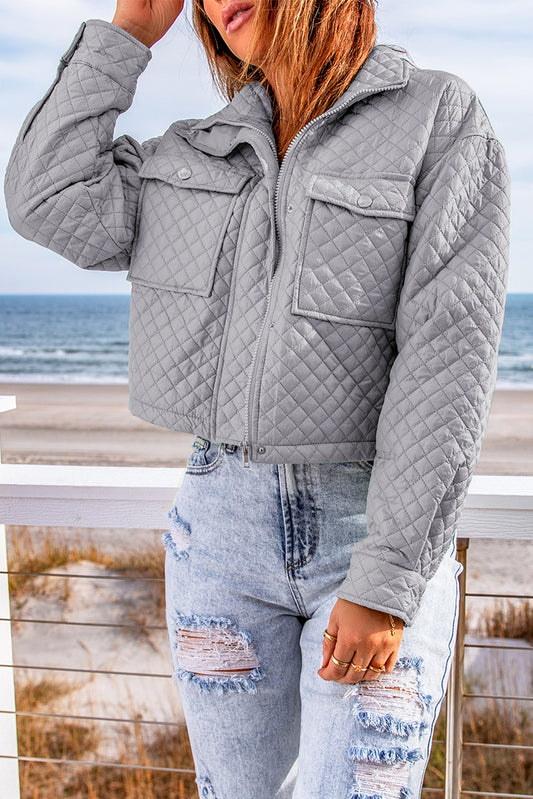 Grey Quilted Pocketed Zip-up Cropped Jacket