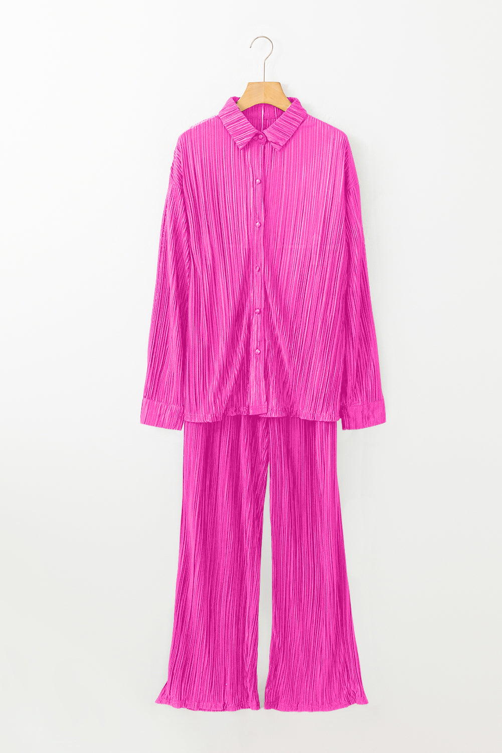 Rose Pleated Long Sleeve Shirt and Wide-Leg Trousers Set