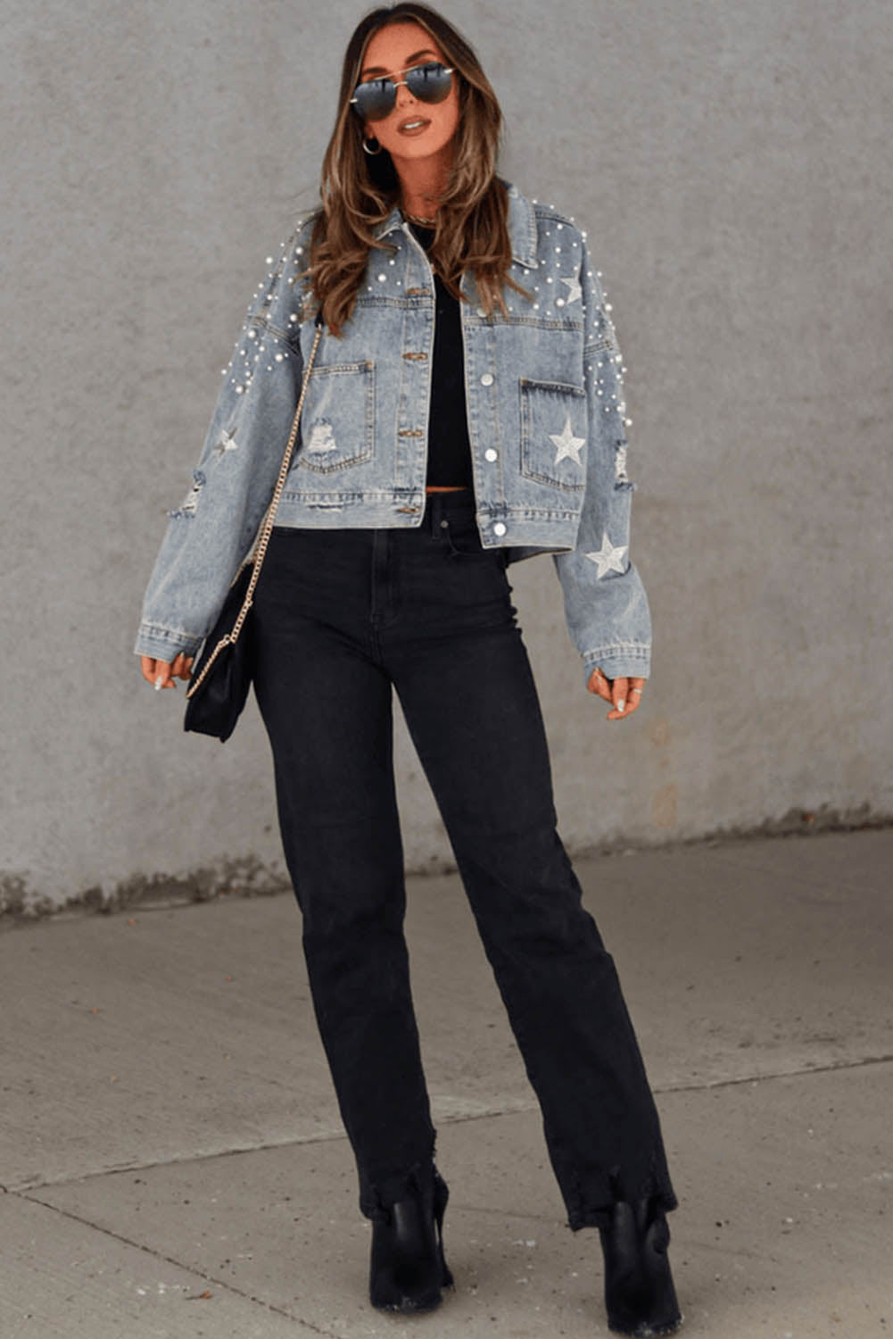 Black Distressed Pearls Star Cropped Denim Jacket