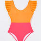 Vitality Orange Color Block Ruffled Knotted Backless One Piece Swimsuit