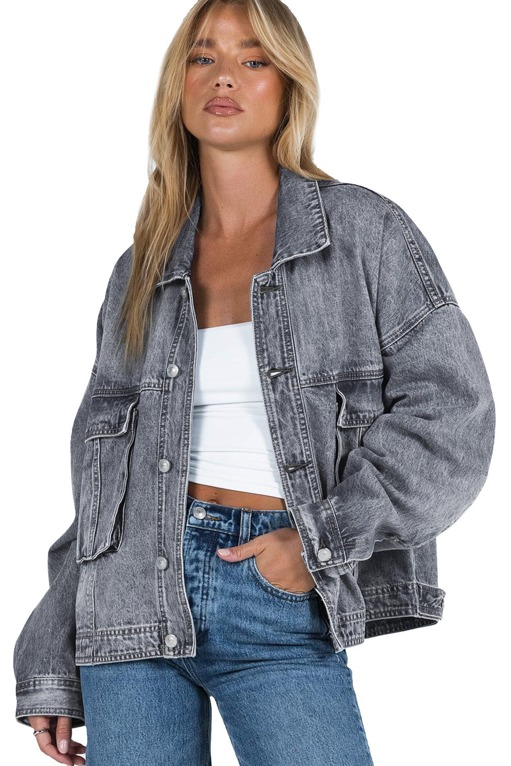 Grey Chest Pockets Drop Shoulder Loose Denim Jacket