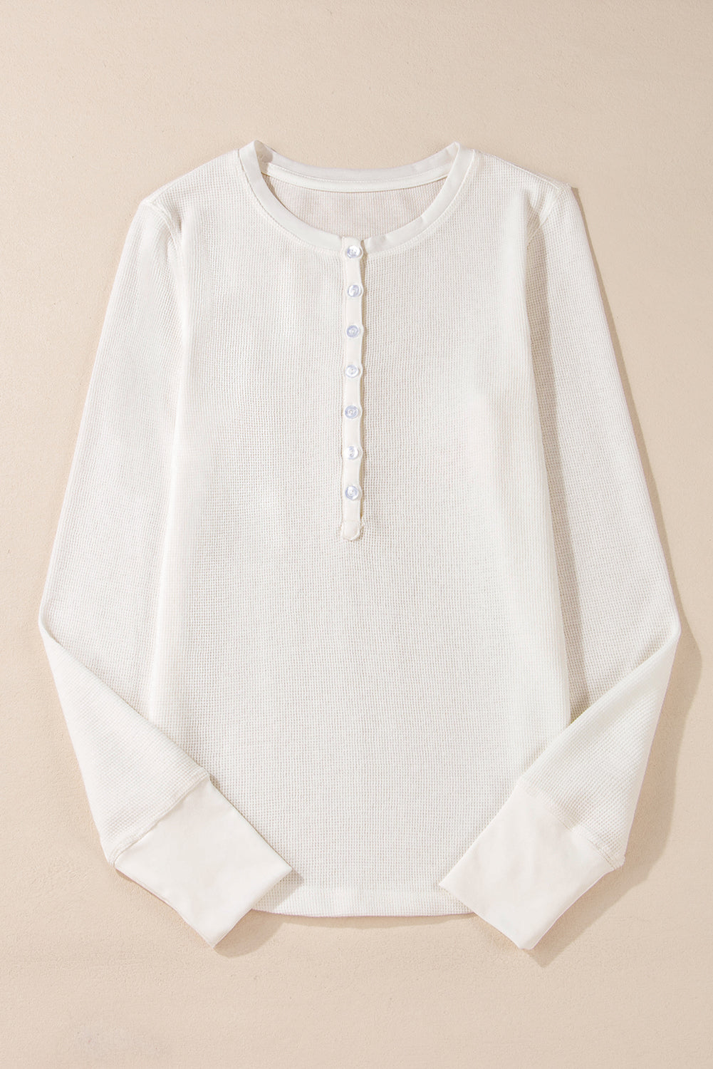 White Solid Colour Waffle Half Button Long Sleeve Top