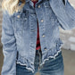 Beau Blue Ruffle Raw Hem Flap Pockets Denim Jacket