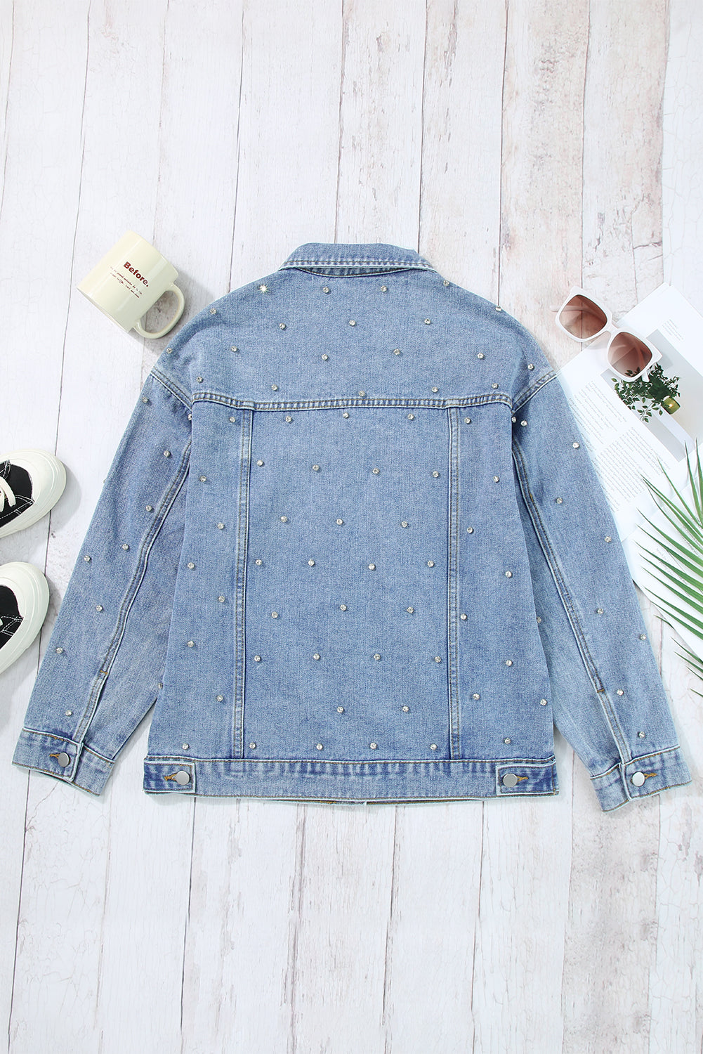 Mist Blue Rhinestones Studded Denim Jacket