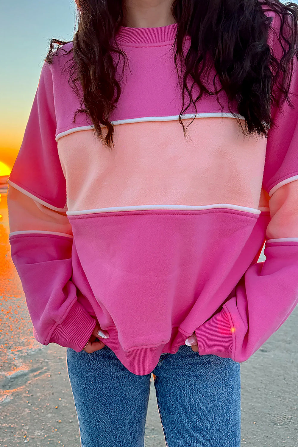 Sachet Pink Colourblock Patchwork Drop Shoulder Ribbed Trim Sweatshirt