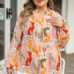 Orange Printed Floral Abstract Print Frilled V Neck Plus Size Blouse