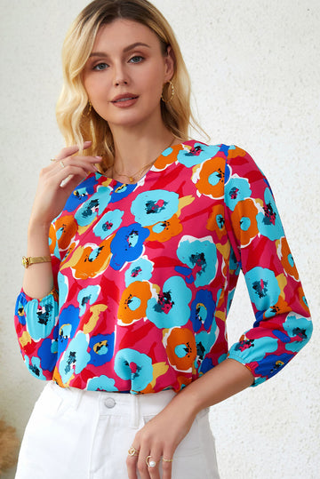 Rose Multicolor Floral Print V Neck 3/4 Sleeve Blouse