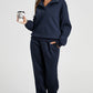 Navy Blue Solid Colour Collared Sweatshirt and High Waist Pants Set