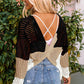 Black Color Block Eyelet Long Sleeve Twisted Back Knit Top