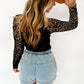 Black Floral Lace Patchwork Long Sleeve High Neck Slim Top