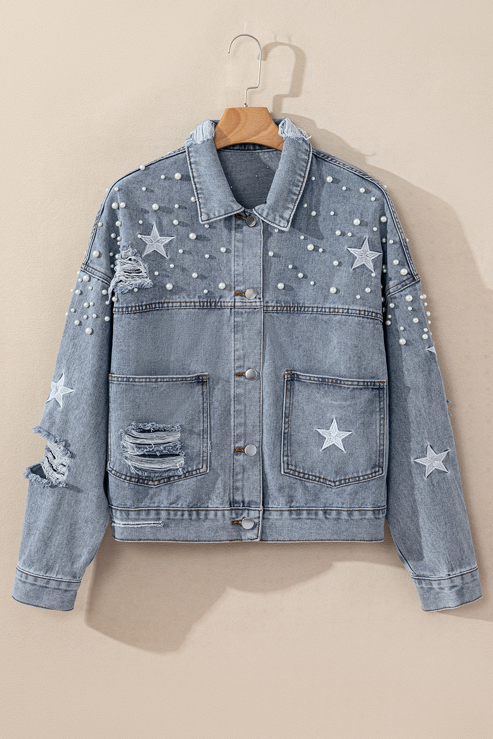 Black Distressed Pearls Star Cropped Denim Jacket