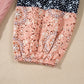 Dusty Pink Floral Patchwork Textured Knit Drawstring V Neck Blouse