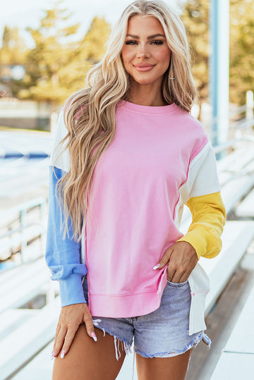 Bonbon Color Block Exposed Seam Side Slits Crewneck Sweatshirt