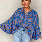 Blue Floral Print Batwing Sleeve Buttoned Loose Fit Shirt