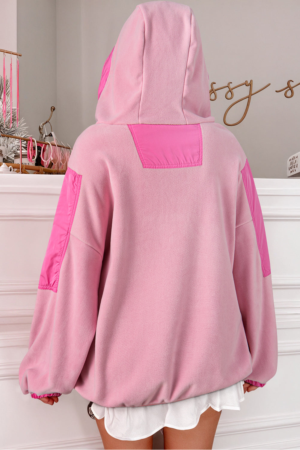 Pink Colourblock Patchwork Half Zip Oversized Sherpa Hoodie