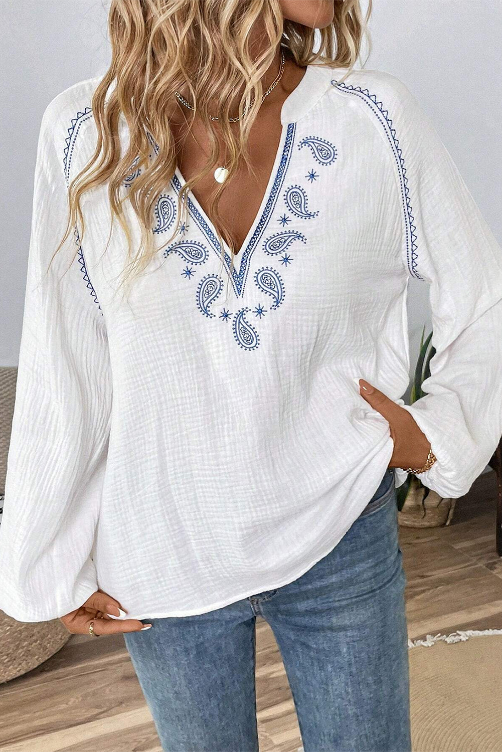 White Paisley Embroidered Textured Split Neck Long Puff Sleeve Blouse