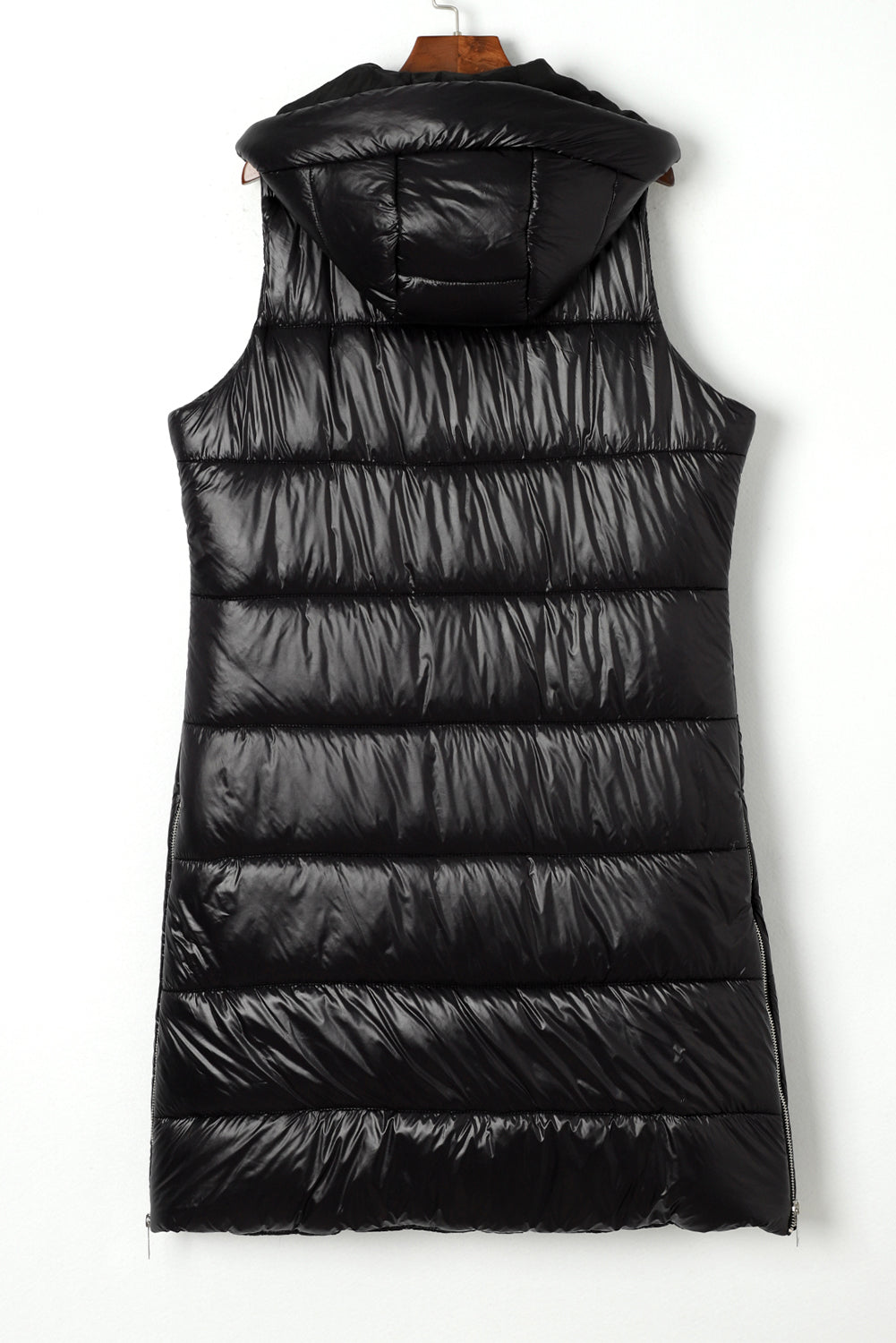 Dark Grey Hooded Long Quilted Sleeveless Coat