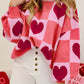 Pink Plus Size Love Heart Block Mock Neck Lantern Sleeve Valentine Sweater