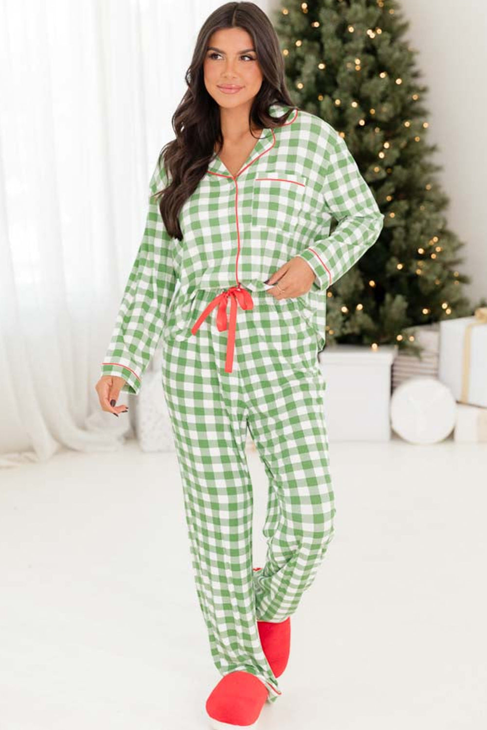 Light Green Christmas Plaid Print Shirt and Trousers Pyjamas Set