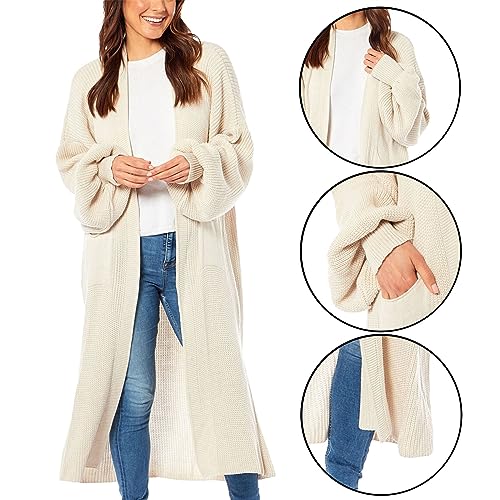 Oversized Long Cardigan Balloon Sleeve Chunky Rib Open Knit Pockets