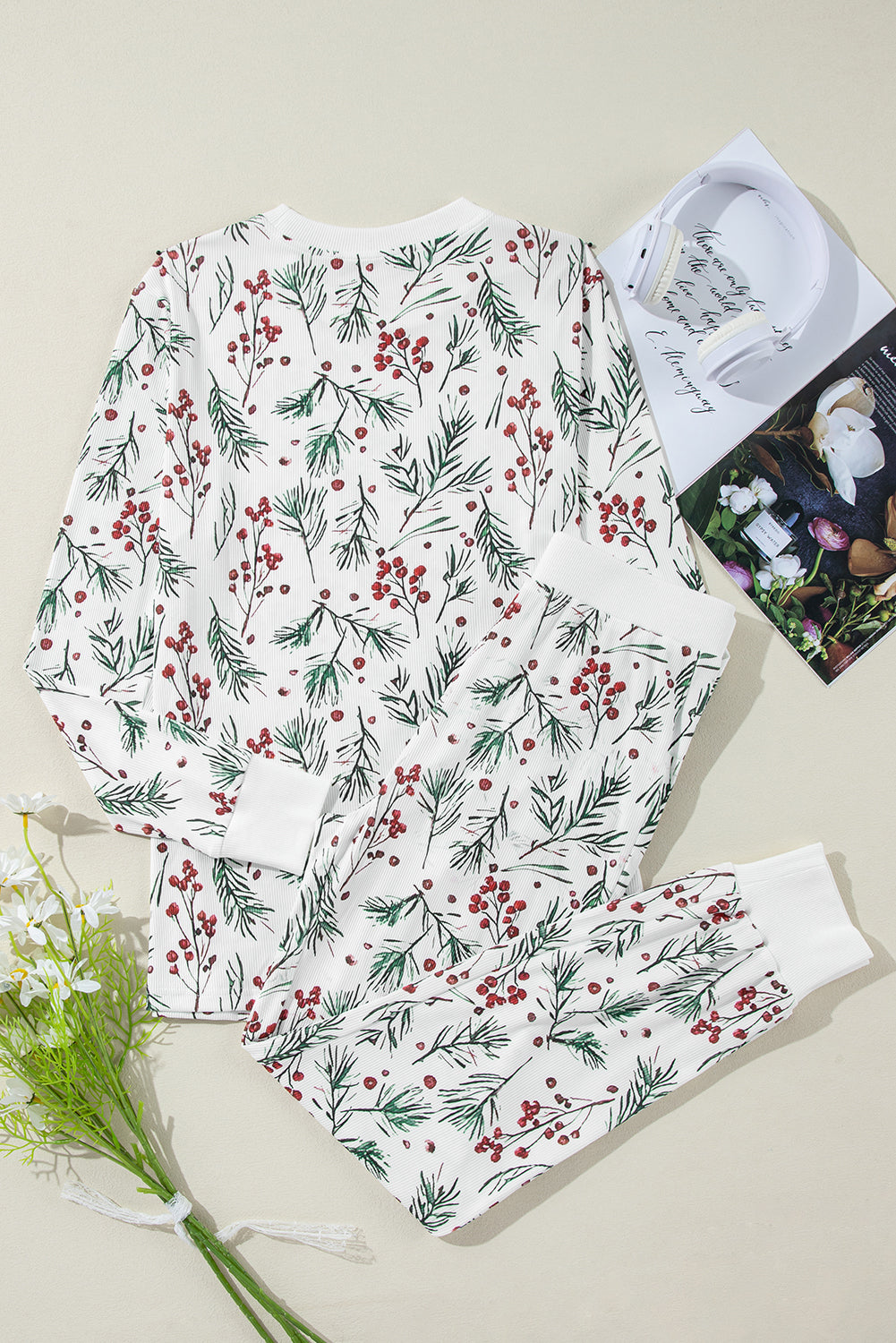 White Holly Print Thermal Pullover Trousers Lounge Set