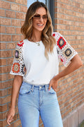 Turquoise Floral Crochet Short Sleeve Top - BB Fashion Outlet