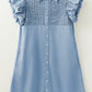 Beau Blue Flutter Sleeve Shirred Detail Button Up Denim Mini Dress