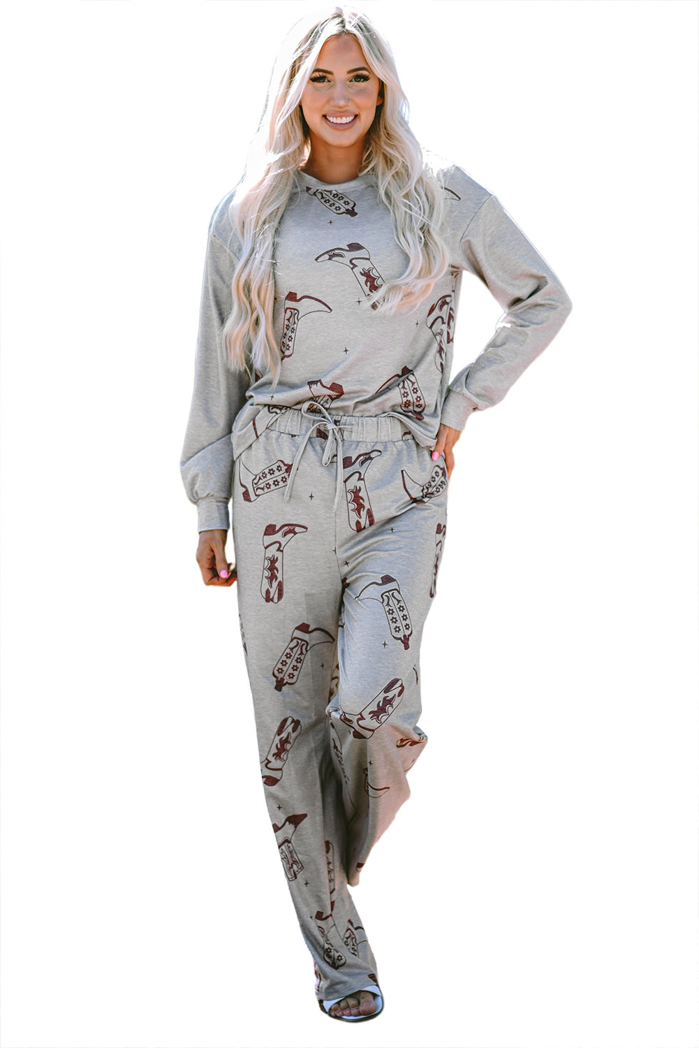 Grey Cowgirl Boots Printed Long Sleeve Top Trousers Lounge Set