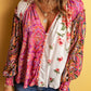 Pink Multicolor Floral Patchwork Shirred Cuffs Buttoned Blouse