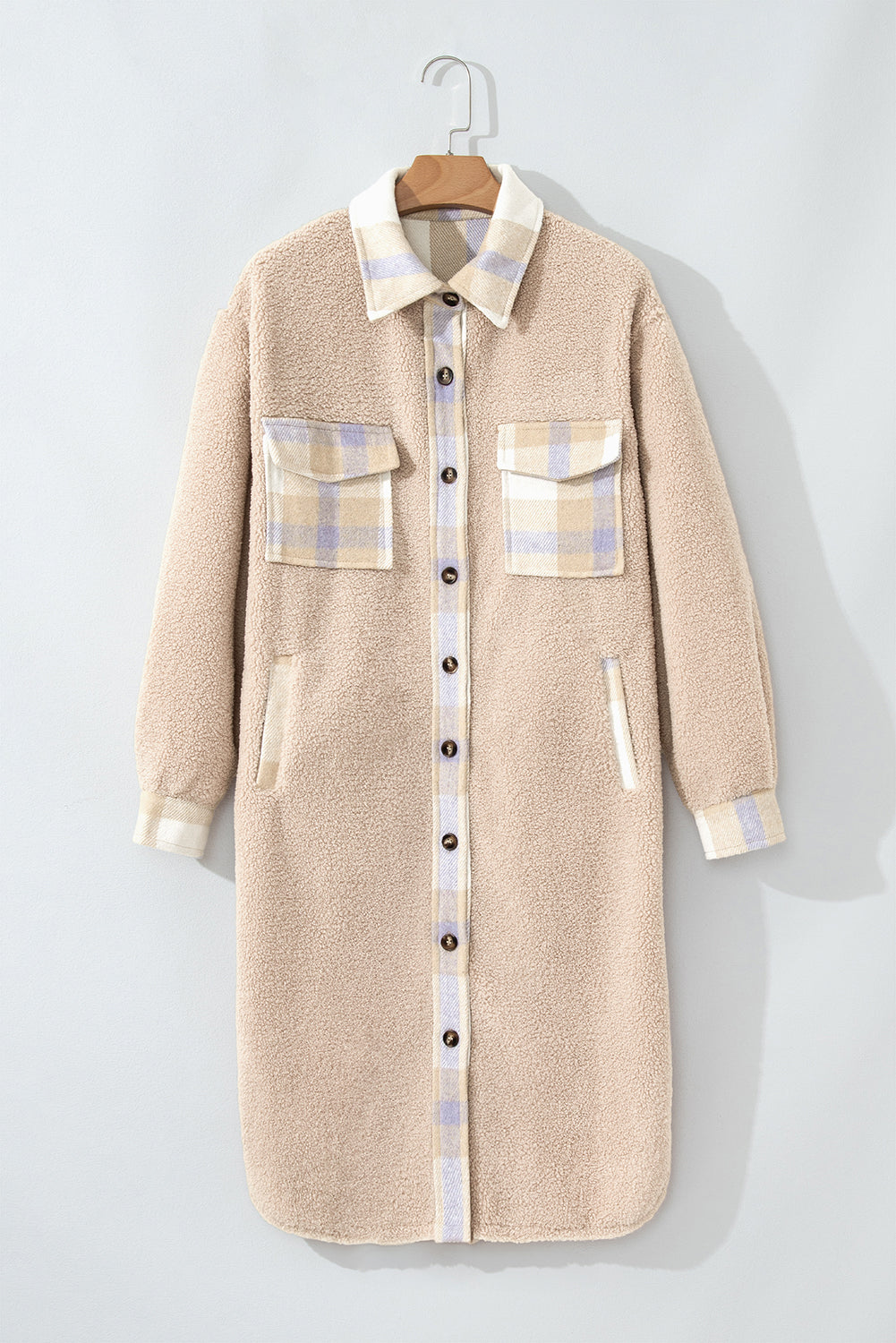 Smoke Grey Plaid Patchwork Collared Button-up Sherpa Long Coat