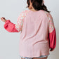 Pink Contrast Floral Patchwork Long Sleeve Plus Size Blouse