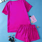 Bright Pink Satin V Neck Tee and Drawstring Shorts Set