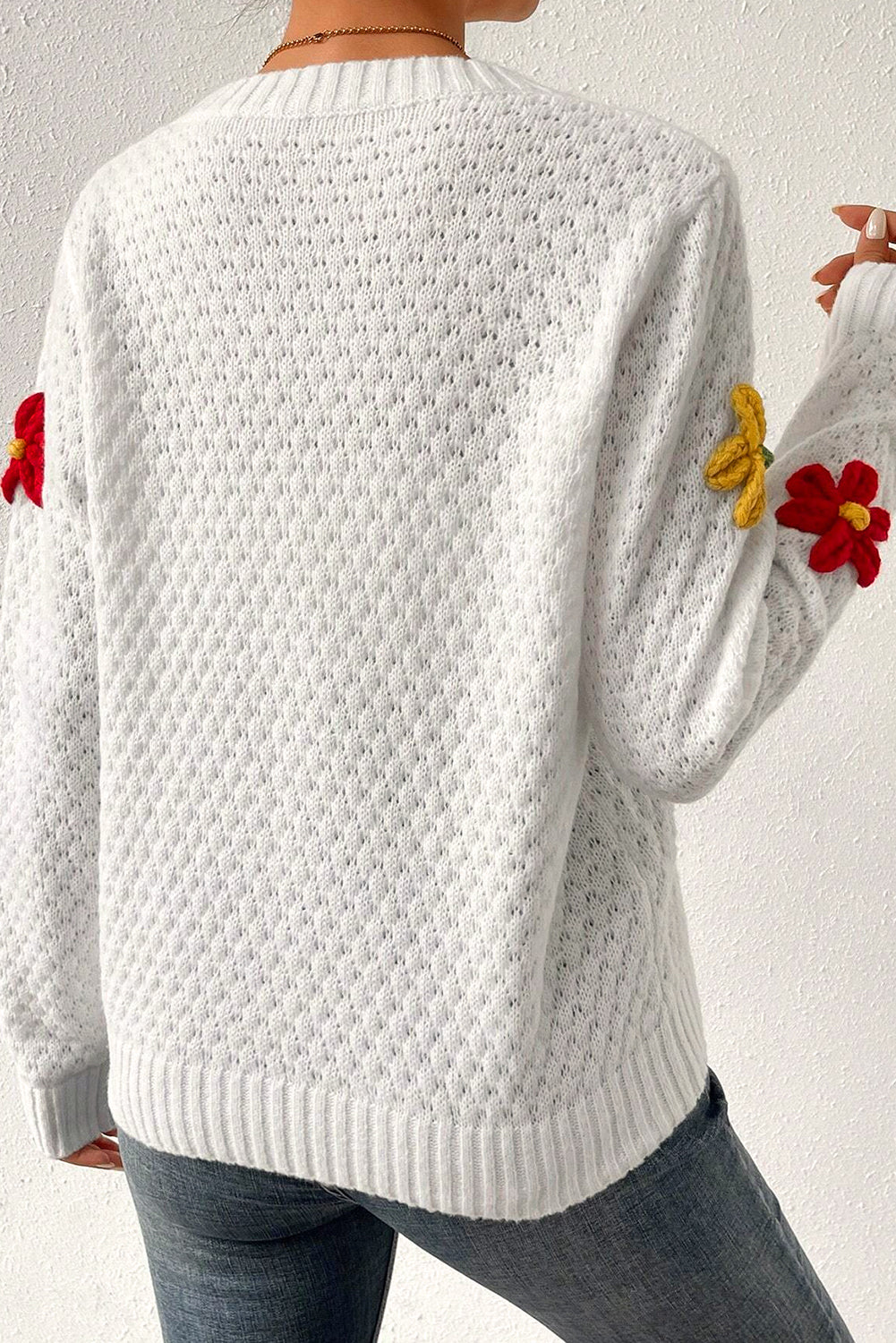 White Colourful Flower Applique Textured Knit Sweater