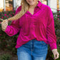 Bright Pink Plus Size Velvet Chest Pocket Drop Shoulder Shirt