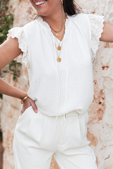 White Embroidered Ruffle Trim Textured Blouse