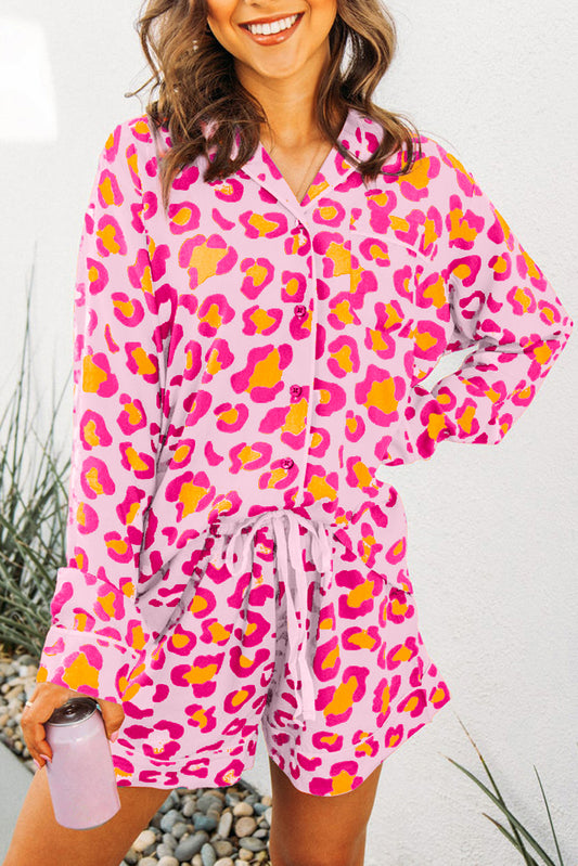 Pink Leopard Print Long Sleeve Shirt and Shorts Pyjamas Set