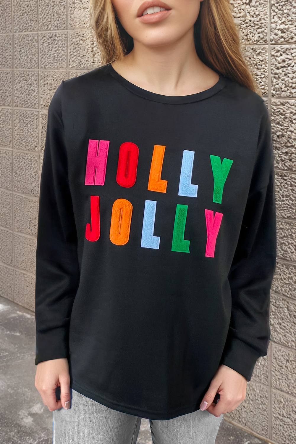 Black Chenille Holly Jolly Graphic Long Sleeve Top