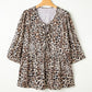 Khaki Leopard Print Lace-up Ruffled 3/4 Sleeve Plus Size Blouse