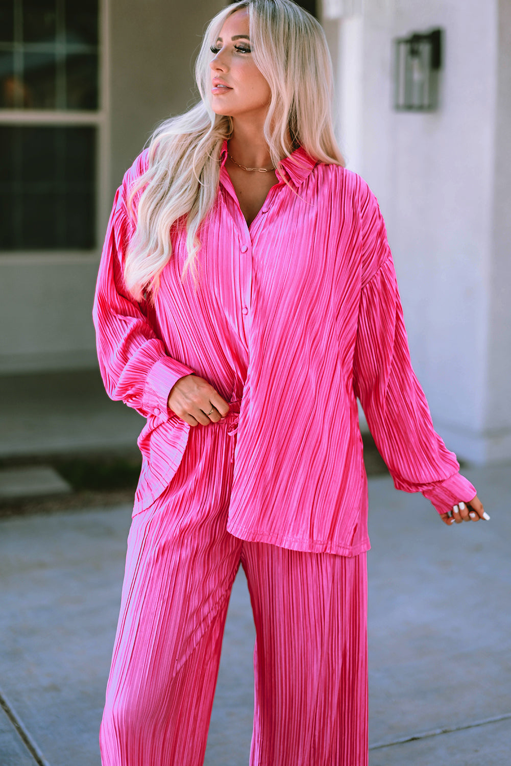 Rose Pleated Long Sleeve Shirt and Wide-Leg Trousers Set