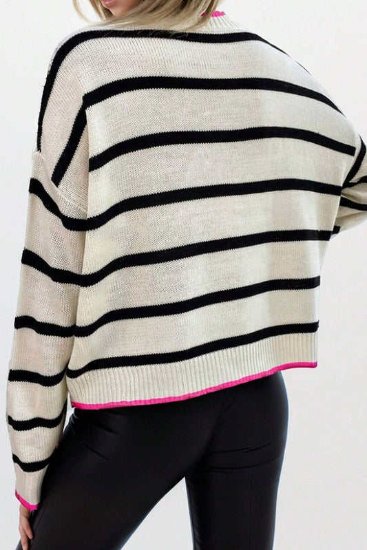 White Stripe Colour Contrast Drop Shoulder Crew Neck Sweater