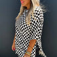 Black Checkered Print Side Slits O Neck Plus Size T Shirt