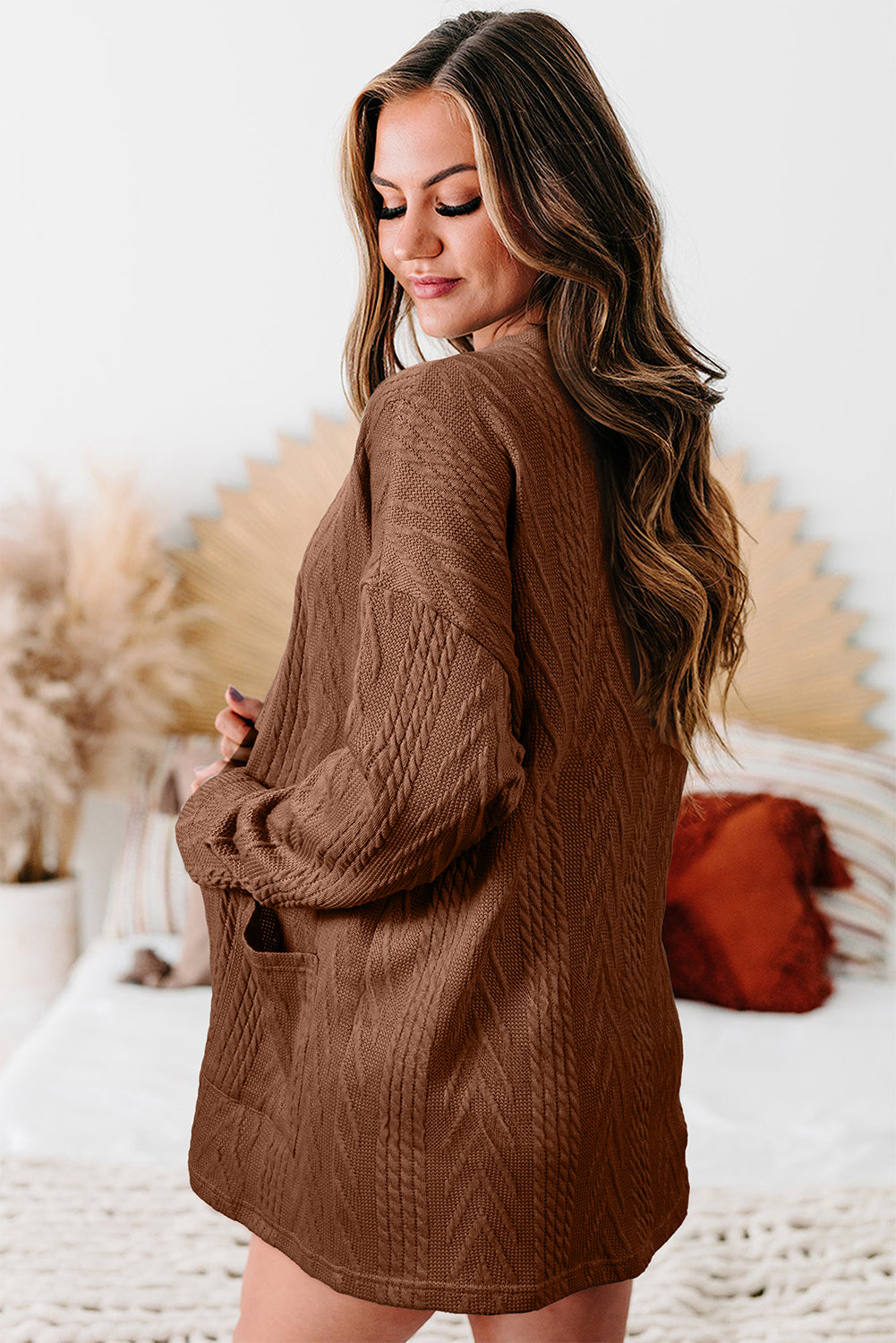 Coffee  Solid Textured Open Front Cardigan with Pocket